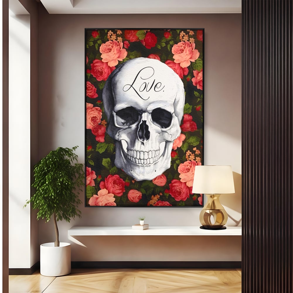 Tablou canvas cu tablou canvas cu craniu si trandafiri, in rama de aluminiu negru